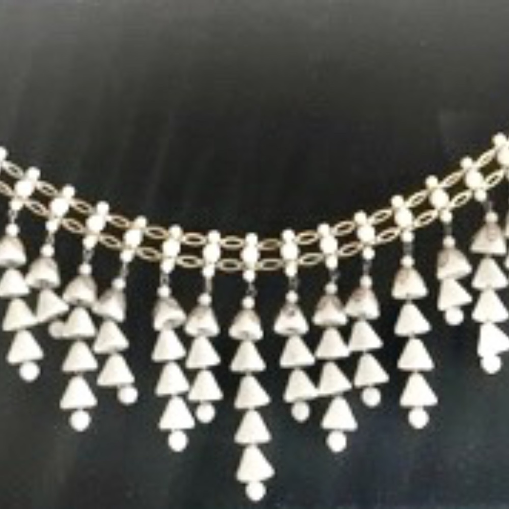 Vintage BIB Necklace , White Ceramic Graduated Bell Shaped,  Beads 14"